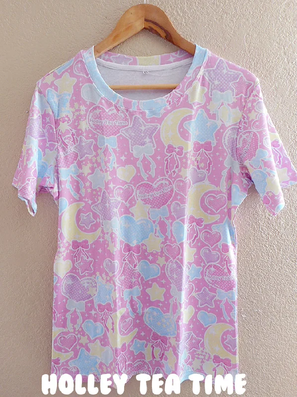 Pastel party pink all over print t-shirt [made to order]-- Graphic T-Shirt Round Neck Polyester