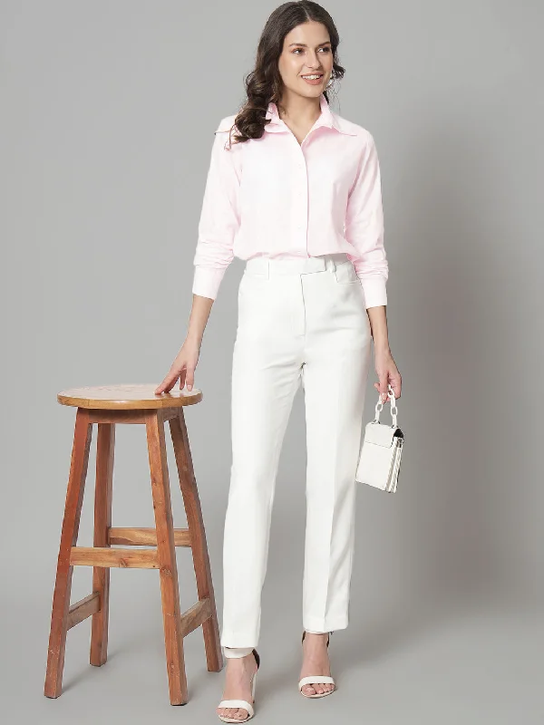 Collared Cotton Shirt- Pink-- Welt Pockets Slit Pockets Flap Pockets