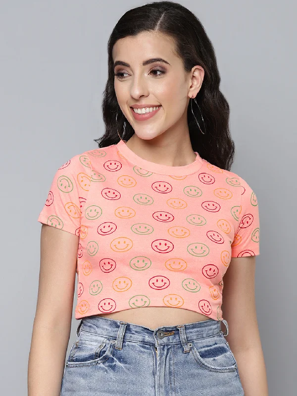 Women Pink Smiley Slim Fit Crop T-Shirt-- Sequined Glittery Shiny