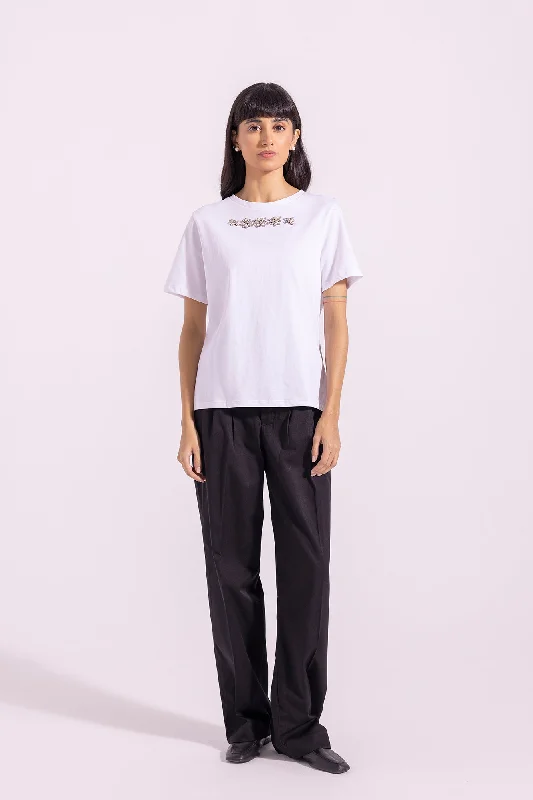 EMBELLISHED T-SHIRT (E0778/108/003)-- Collared T-Shirt Boat Neck A-Line