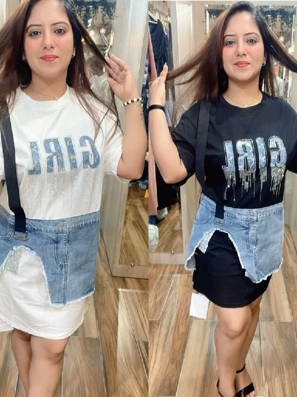 Rhinestone Denim Patch T Shirt Dress-- Mesh Blend Leather Blend Suede Blend