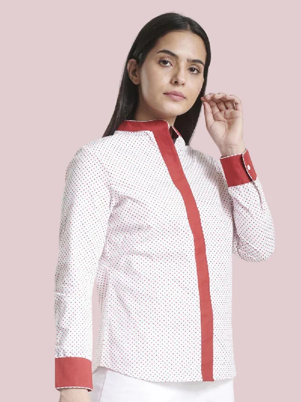 Mandarin Collar Cotton Shirt - White and Red-- Solid Print Embellished