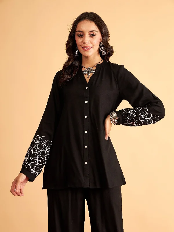 Women Black Rayon Full Sleeves Embroidered Shirt-- Anti-Shrink Durable Soft