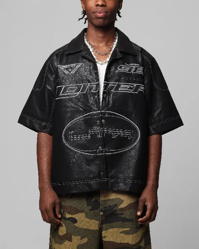 Loiter Motor PU Leather Button Up Shirt Black-- Houndstooth Herringbone Solid