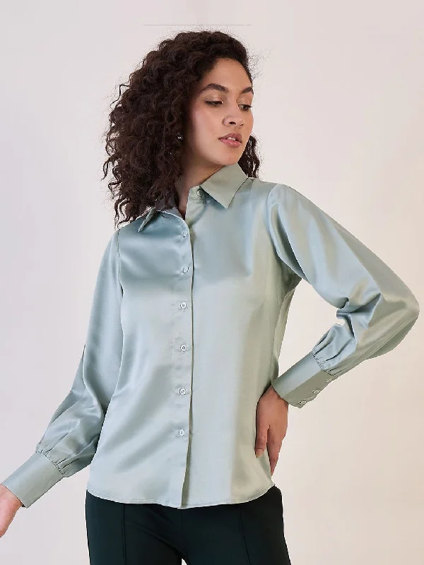 Sage Green Balloon Sleeve Satin Shirt-- Notch Collar Peter Pan Collar Cowl Neck