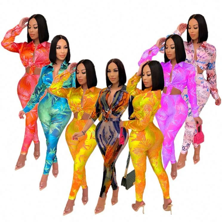 OSINA Trendy 2022 Printed Crop Top 2 Piece Set Summer Shirt And Pants Elegant Lady Women Two Piece Casual Sets-- Seamless Knitted Crochet