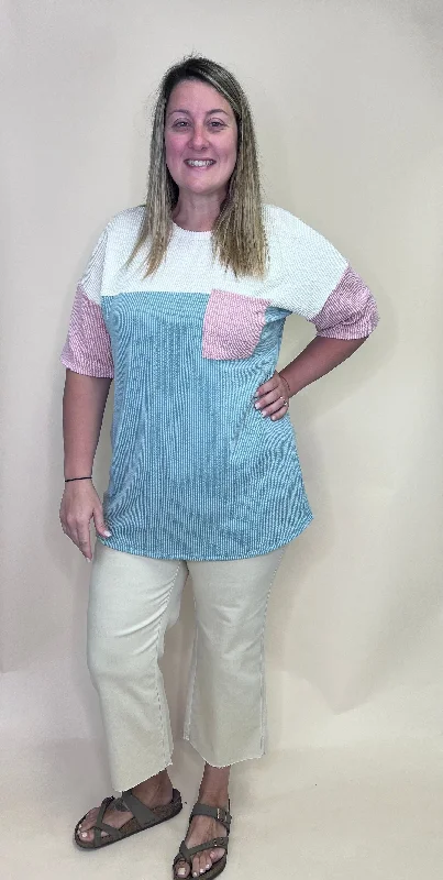 Colorblock Short Sleeve Pastel Shirt-- Jersey Fabric Tulle Fabric Batik Fabric