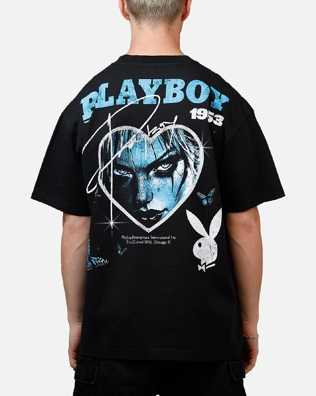 Playboy Heart T-Shirt Black-- Notch Collar Peter Pan Collar Cowl Neck