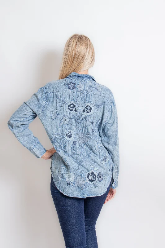 "Amara" Blue Denim Long Sleeve Shirt-- Casual Formal Business