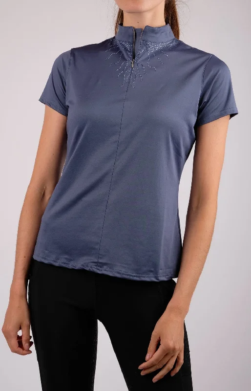 Juliana Mon-Tech Tone-in-Tone Shirt - Ocean Blue-- Zippered Front Buttoned Front Snap Front