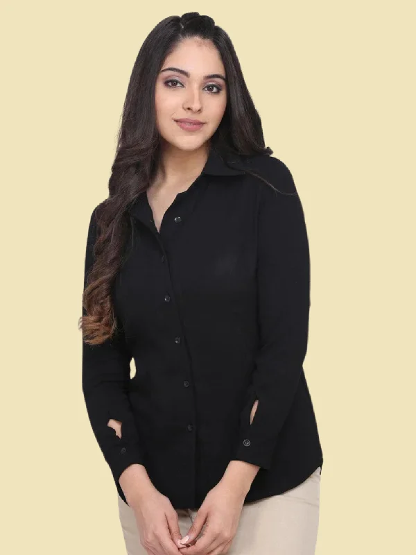 Button Detailed Collared Shirt - Black-- Chenille Blend Fleece Blend Nylon Blend