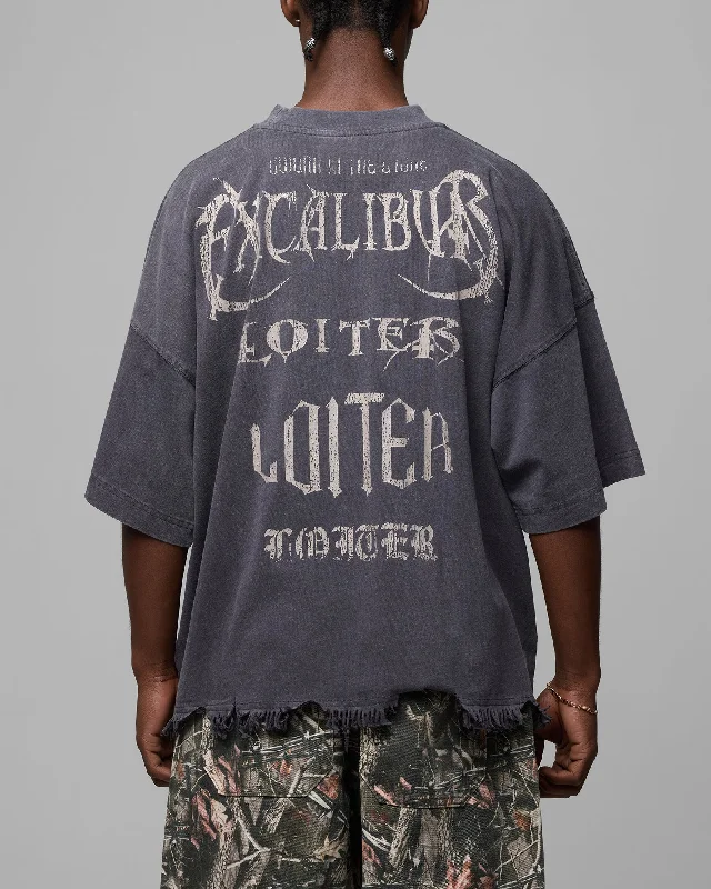 Loiter Excalibur Distressed T-Shirt Washed Black-- Embroidered Appliqued Beaded