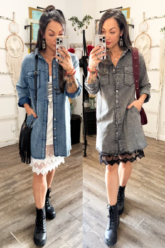 Lightweight Chambray Tshirt Dress-- V-Neck T-Shirt Long Sleeve Cotton