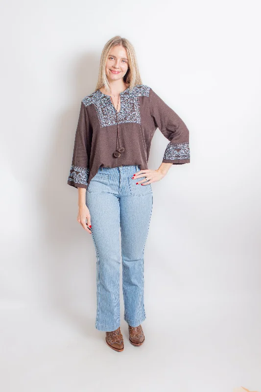 Brown & Blue Western Shirt-- Chenille Brocade Lace