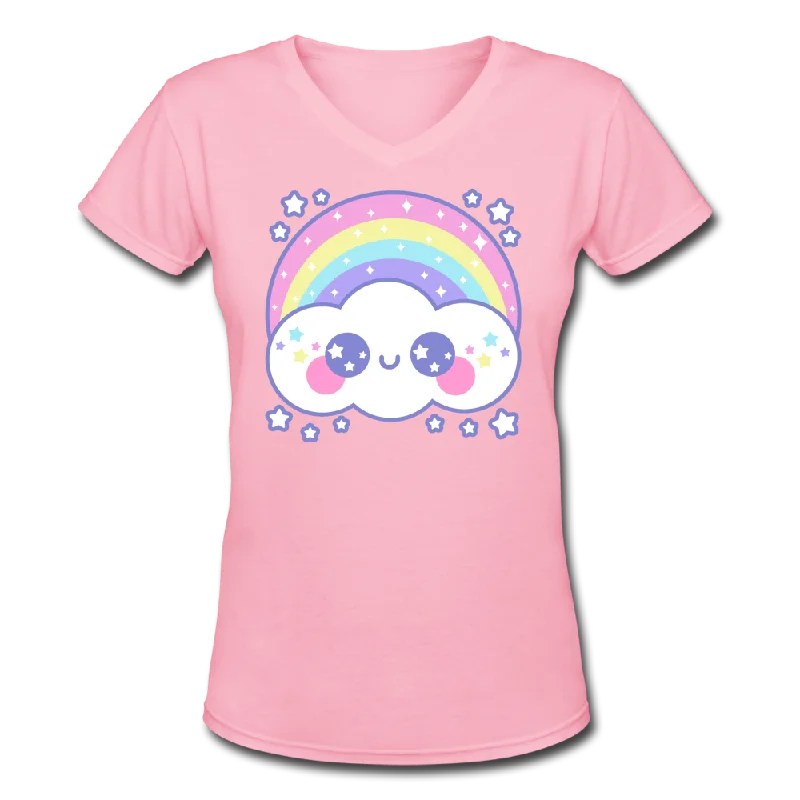 Happy Rainbow Cloud Women's V-Neck T-Shirt-- Graphic Embroidered Appliqued