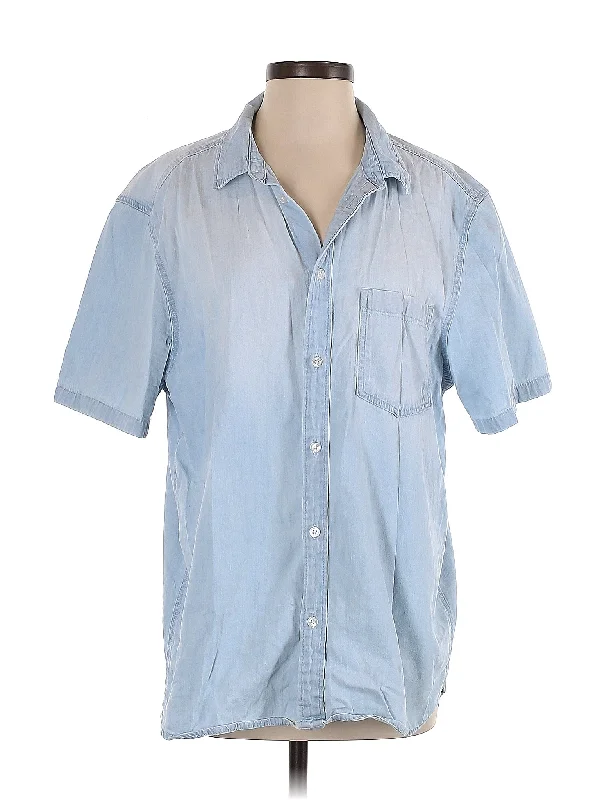 Short Sleeve Button Down Shirt-- Solid Print Embellished