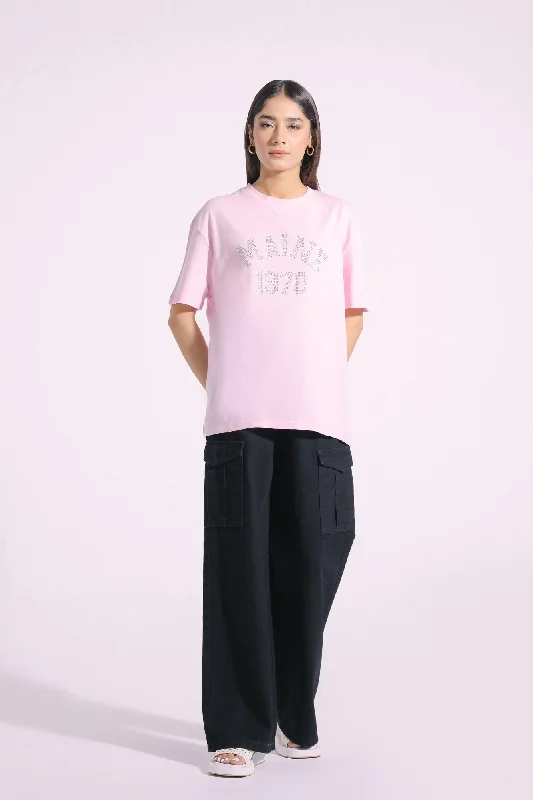 EMBELLISHED T-SHIRT (E0772/108/526)-- Mesh Fabric Canvas Fabric Denim Fabric