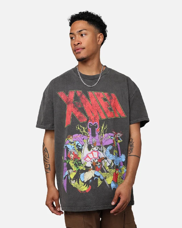 Marvel X-Men The X-Men Heavyweight Vintage T-Shirt Washed Black-- Collared Crew Neck Turtle Neck