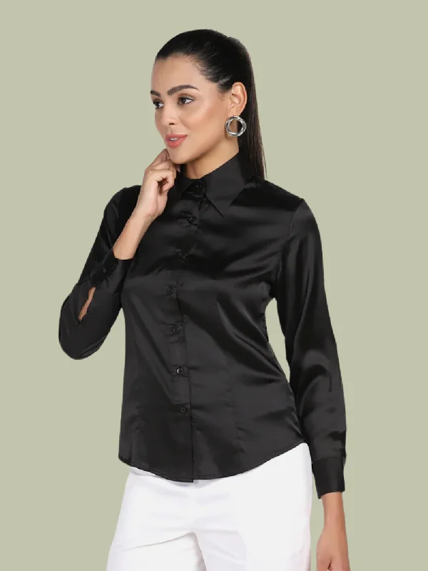 Satin Stretch Shirt - Black-- Rayon Fabric Velvet Fabric Corduroy Fabric