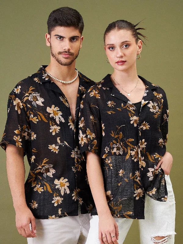 Unisex Black Floral Relax Fit Shirt-- Chenille Brocade Lace