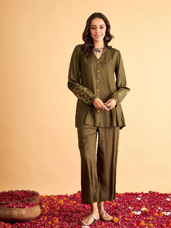 Women Olive Sleeves Embroidered Shirt With Pants-- Handmade Hand-knitted Hand-woven