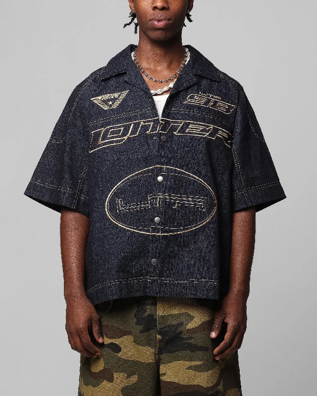 Loiter Motor Denim Button Up Shirt Indigo-- Polka Dot Checkered Tartan