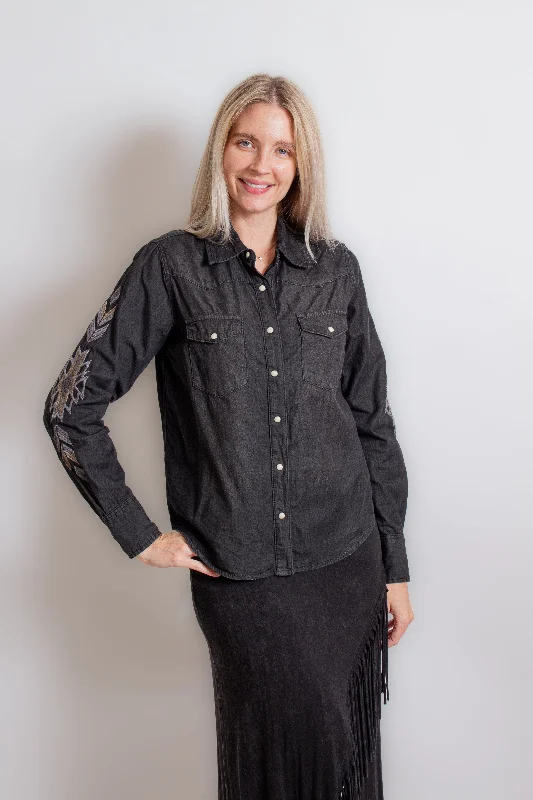 Embroidered Black Denim Shirt-- Mesh Blend Leather Blend Suede Blend