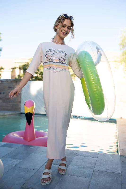 T-Shirt Dress Good Vibes On Pink- Long-- Fashionable Trendy Casual