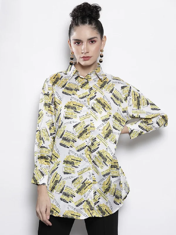 Women White Newspaper Print Satin Shirt-- Elegant Classic Vintage