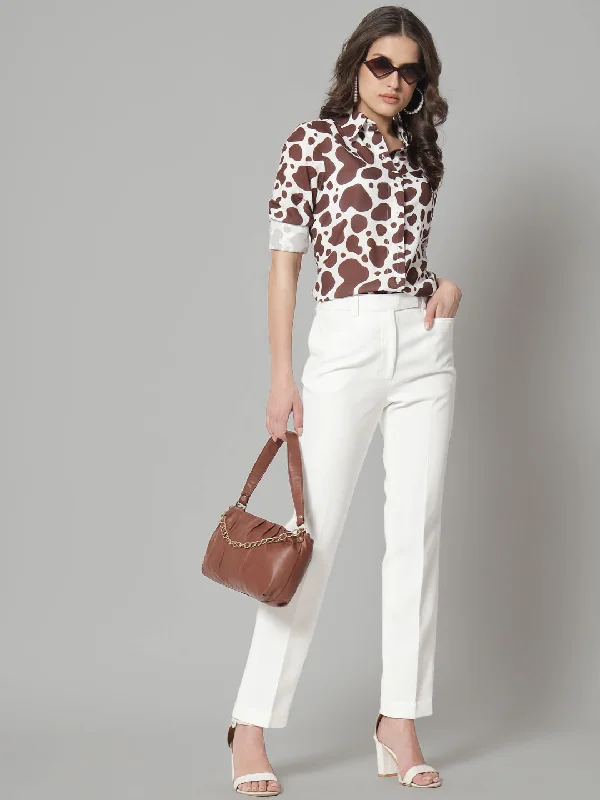 Printed Collared Shirt- Brown-- Zippered Front Buttoned Front Snap Front