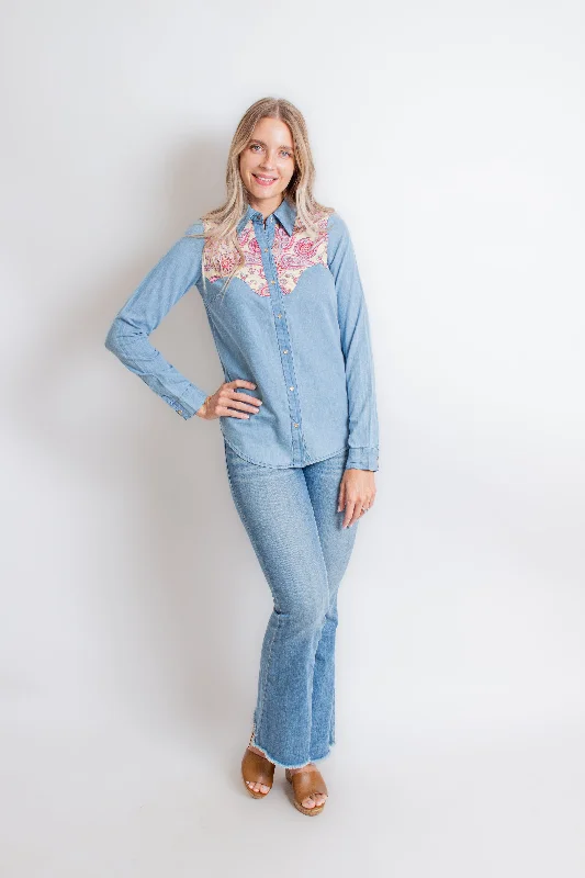 Retro Denim and Pink Shirt-- Spandex Blend Rayon Blend Denim Blend