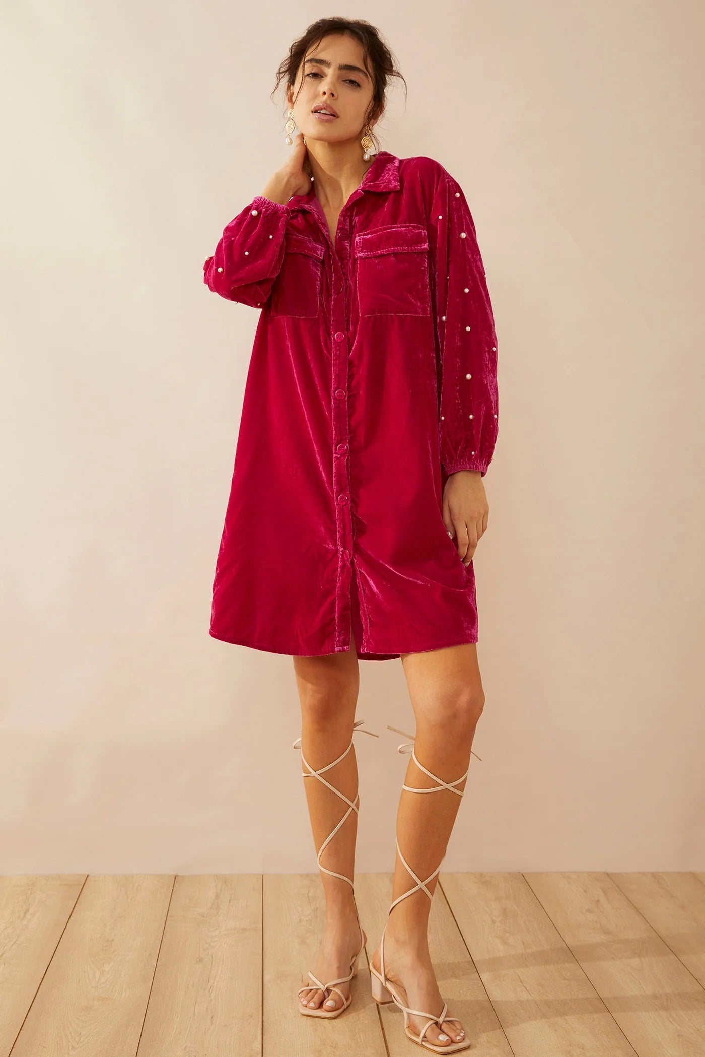 Victoria Velvet Shirt Dress-- Mesh Blend Leather Blend Suede Blend