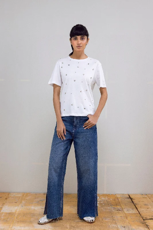 EMBELLISHED T-SHIRT (E1026/108/001)-- Lace Blend Ribbed Blend Corduroy Blend
