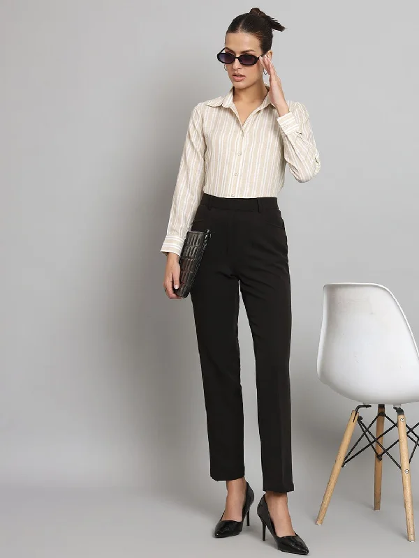 Striped Collared Shirt- Beige and Off white-- Cozy Warm Stylish