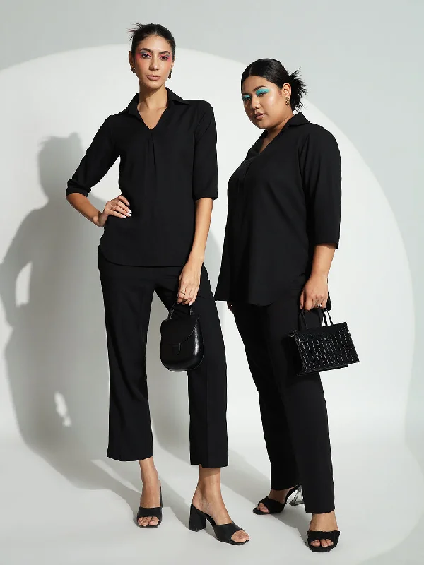 V-Neck Shirt Collar with Box Pleat Pant Suit - Black-- Houndstooth Herringbone Solid