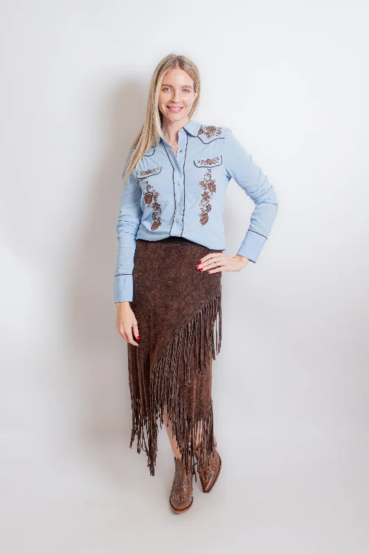 Light Blue & Brown Western Shirt-- Elasticated Padded Insulated