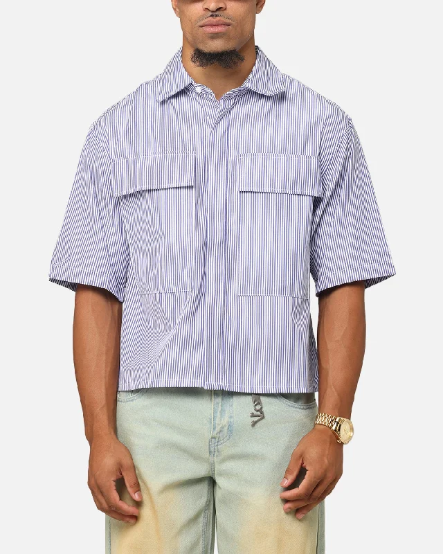 MNML Cropped Striped Short Sleeve Shirt Blue-- Spandex Blend Rayon Blend Denim Blend MNML Cropped Striped Short Sleeve Shirt Blue-- Spandex Blend Rayon Blend Denim Blend
