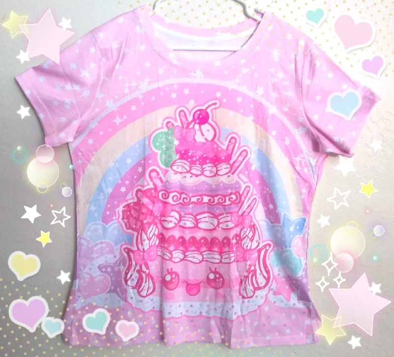 Kawaii sparkle cake women's all over print t-shirt [made to order]-- Front Pockets Side Pockets Patch Pockets