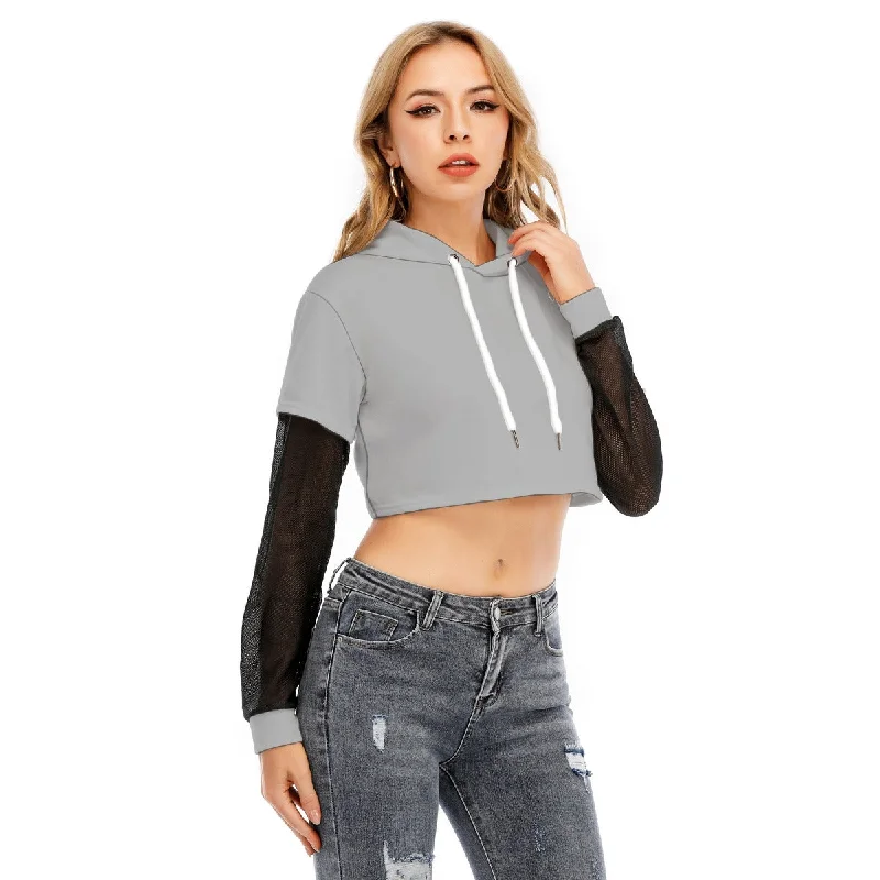 All-Over Print Women's Fake Two-piece Mesh Sleeve Cropped Hoodie Hoodie with Strings Custom Fit Adjustable All-Over Print Women's Fake Two-piece Mesh Sleeve Cropped Hoodie Hoodie with Strings Custom Fit Adjustable