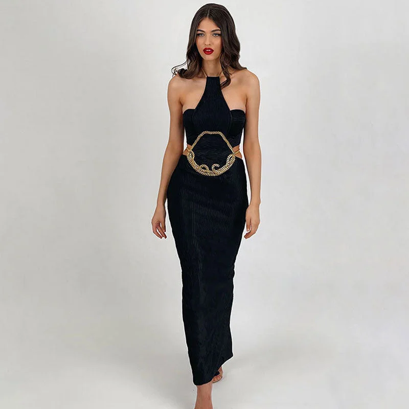Edgy Chain Linked Halter Backless Cut Out Slit Textured Bandage Maxi Evening Dress Tunics Denim casual Edgy Chain Linked Halter Backless Cut Out Slit Textured Bandage Maxi Evening Dress Tunics Denim casual