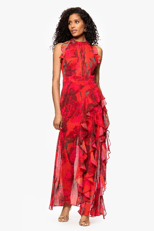 "Ramona" Print Chiffon Ruffle Floor Length Dress Turtleneck Neckline Stylish