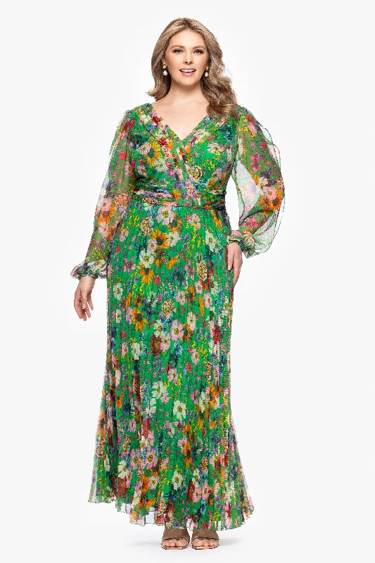 Plus "Katarina" Chiffon Print Long Sleeve Floor Length Dress empire Waist empire