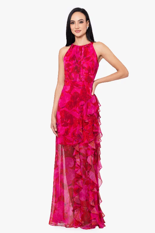 "Terese" Long Chiffon Ruffle Dress Boatneck Modish Everyday