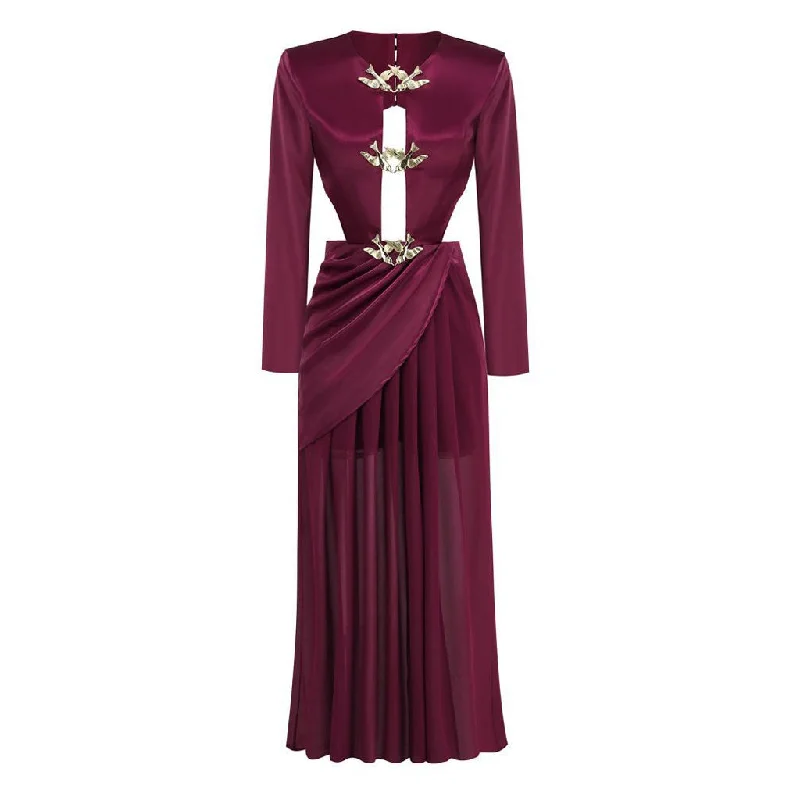 Metal Bird Detail Plunge Neck Long Sleeve Cutout Back Draped Split Maxi Evening Dress Tunics Canvas sturdy Metal Bird Detail Plunge Neck Long Sleeve Cutout Back Draped Split Maxi Evening Dress Tunics Canvas sturdy