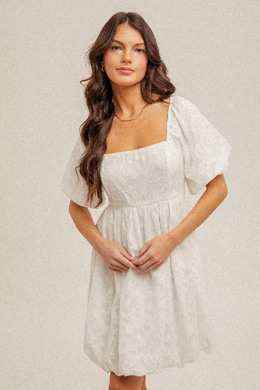 White Chiffon Jacquard Print Square Neck Bubble Dress Tunics Luxurious high-end