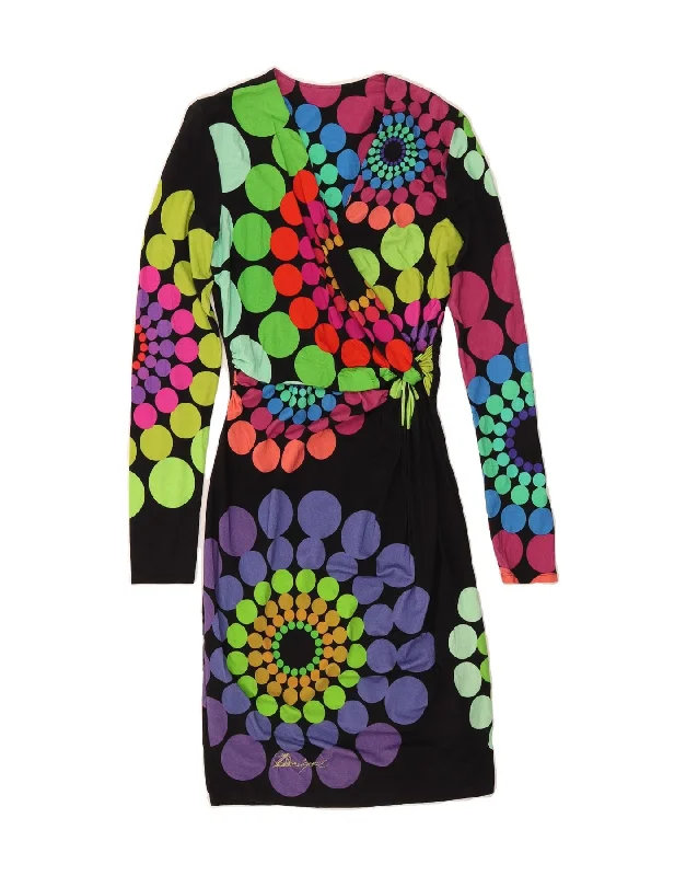 DESIGUAL Womens Graphic Long Sleeve Basic Dress UK 10 Small Black Floral Shift Classic Vintage