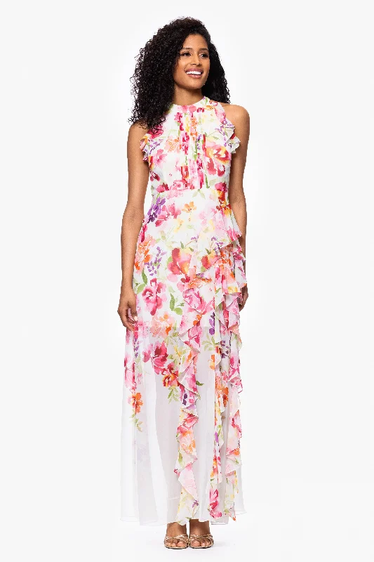 "Macy" Floral Print Chiffon Ruffle Dress Cowl Neckline Elegant