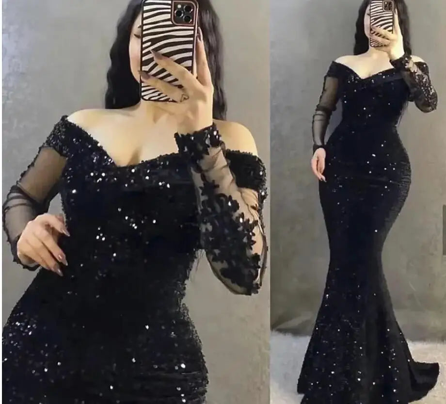 ZJKRL - Black Sequins Evening Dresses Customized Off The Shoulder Long Sleeves Elegant Formal Night Party Gown Vestido De Noche Tunics Solid Classic ZJKRL - Black Sequins Evening Dresses Customized Off The Shoulder Long Sleeves Elegant Formal Night Party Gown Vestido De Noche Tunics Solid Classic