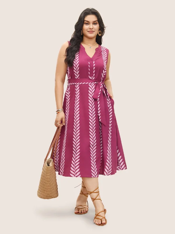 Boh Print Notched Sleeveless Belted Dress Tunics Travel practical