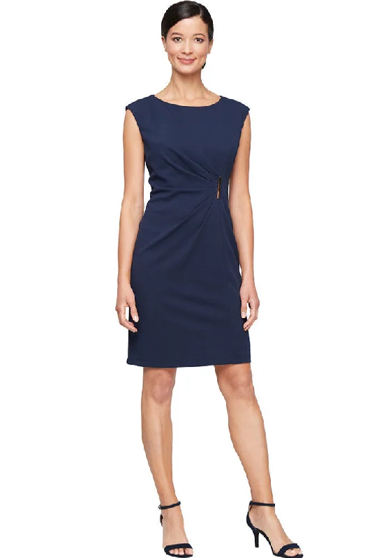 Short Stretch Crepe Dress w/ Overlay | Navy Elegant Long Evening